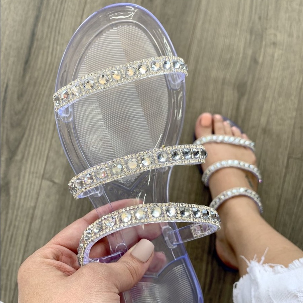 Clear Rhinestone 3-Strap Jelly Slides